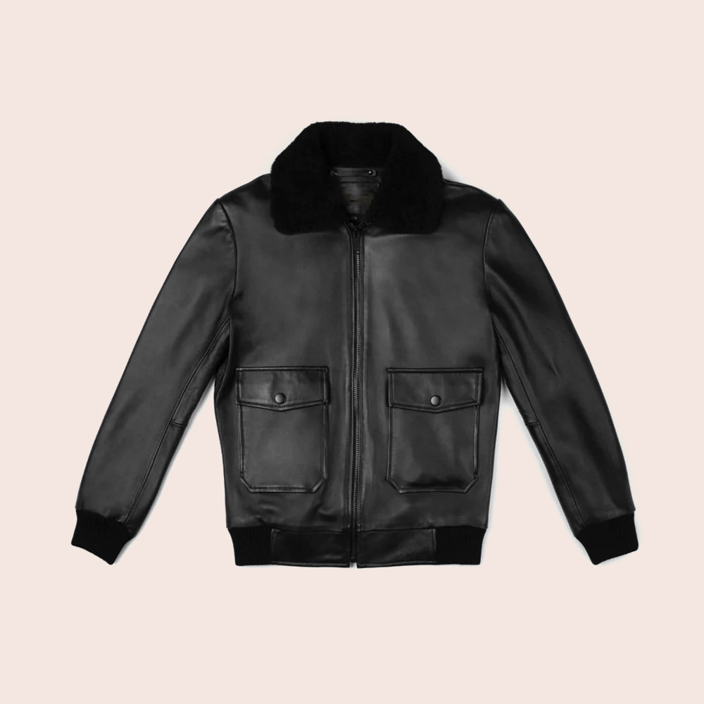 Men’s "Shadow Aviator" G-1 Flight Jacket | Black Premium Sheepskin Bomber with Shearling Collar | Full Grain Apparel
