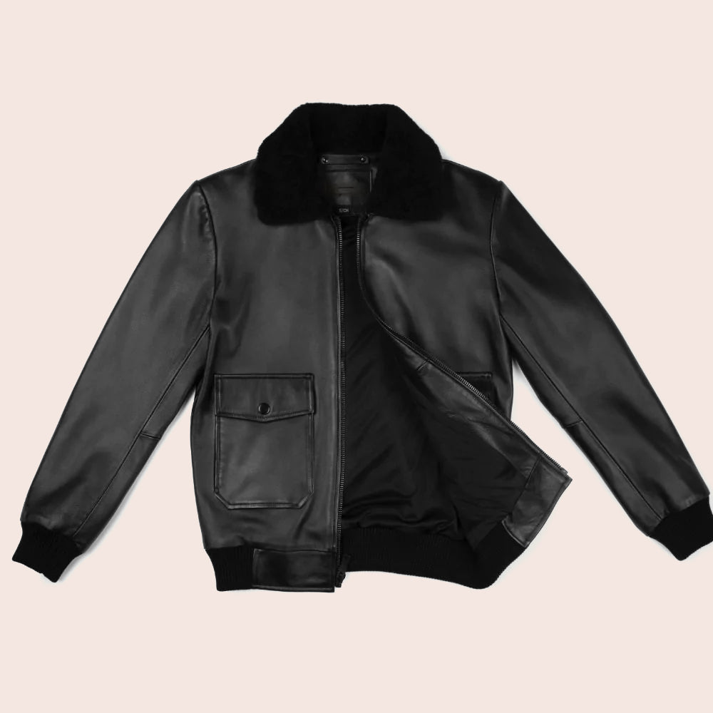 Men’s "Shadow Aviator" G-1 Flight Jacket | Black Premium Sheepskin Bomber with Shearling Collar | Full Grain Apparel
