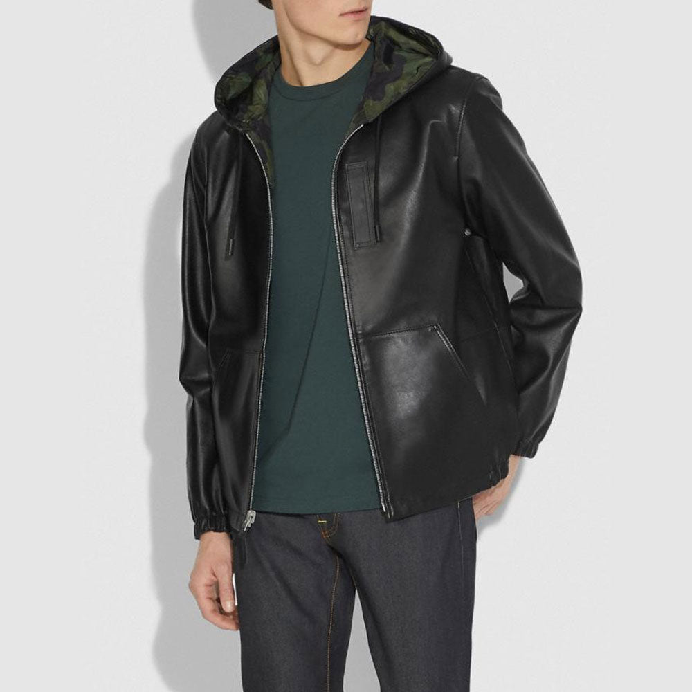 Men’s "Shadow Pilot" Hooded Leather Bomber Jacket | Black Real Sheepskin Flight Coat with Removable Hood | Full Grain Apparel