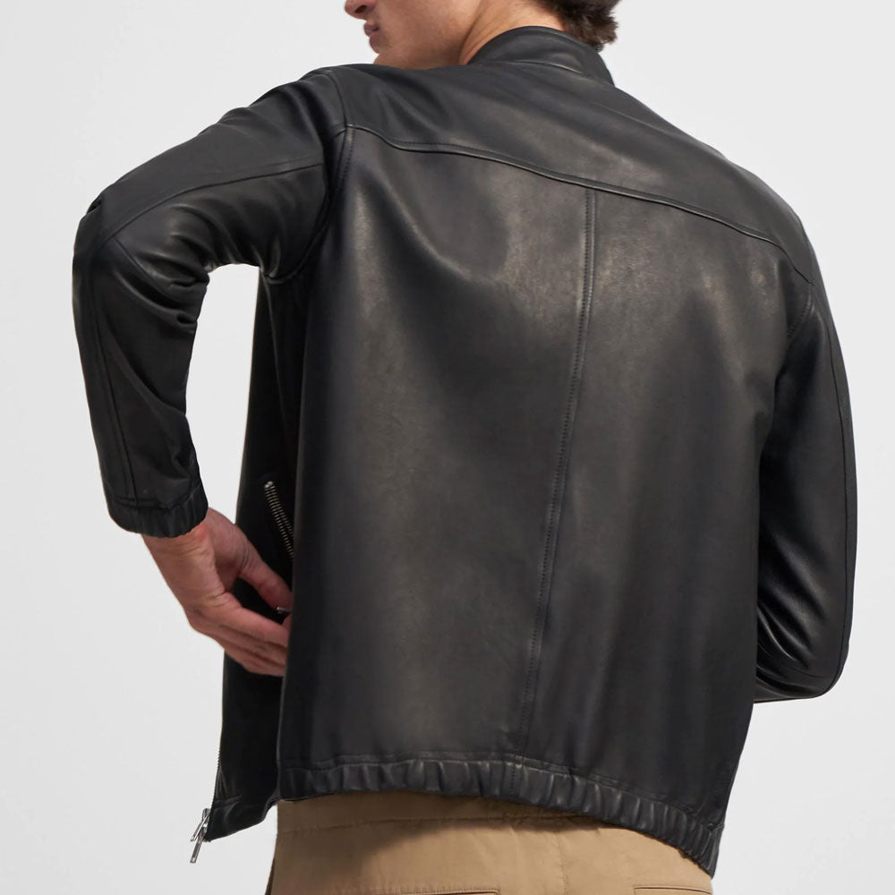 Chaqueta de motorista de piel de cordero "Road-King" para hombre | Moto de cuero genuino negro con detalles acolchados | Prenda de piel de grano completo