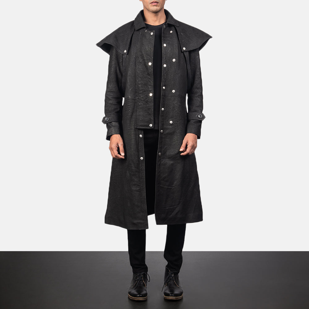 Men’s Premium Sheepskin Studded Black Leather Duster Coat | Full Grain Apparel