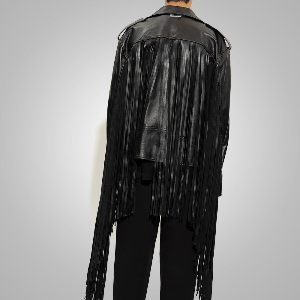 Chaqueta híbrida "Midnight Rider" para hombre | Piel de vaca negra de primera calidad | Chaqueta vaquera estilo motero con flecos y borlas | Prenda de cuero de plena flor