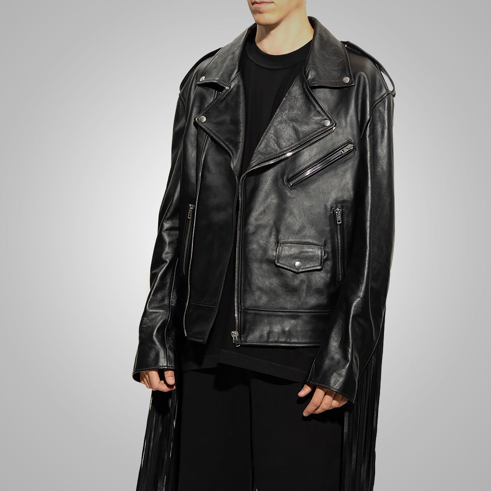 Chaqueta híbrida "Midnight Rider" para hombre | Piel de vaca negra de primera calidad | Chaqueta vaquera estilo motero con flecos y borlas | Prenda de cuero de plena flor