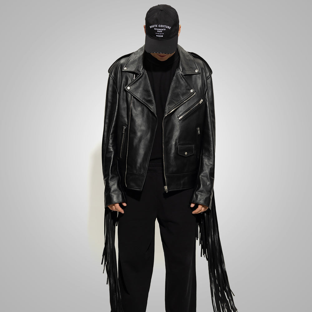 Chaqueta híbrida "Midnight Rider" para hombre | Piel de vaca negra de primera calidad | Chaqueta vaquera estilo motero con flecos y borlas | Prenda de cuero de plena flor