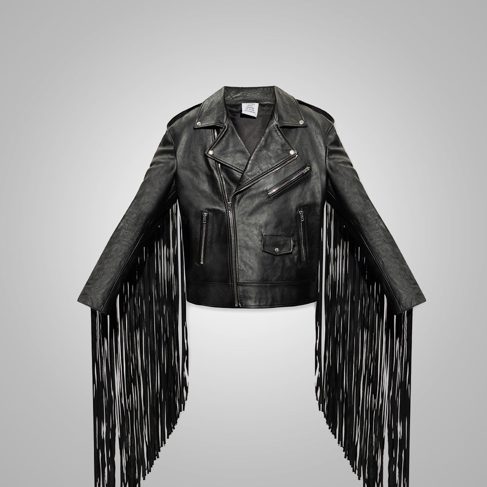 Men’s "Midnight Rider" Hybrid Jacket | Premium Black Cowhide Leather | Motorcycle-Cut Cowboy Jacket with Fringe & Tassels | Full Grain Apparel