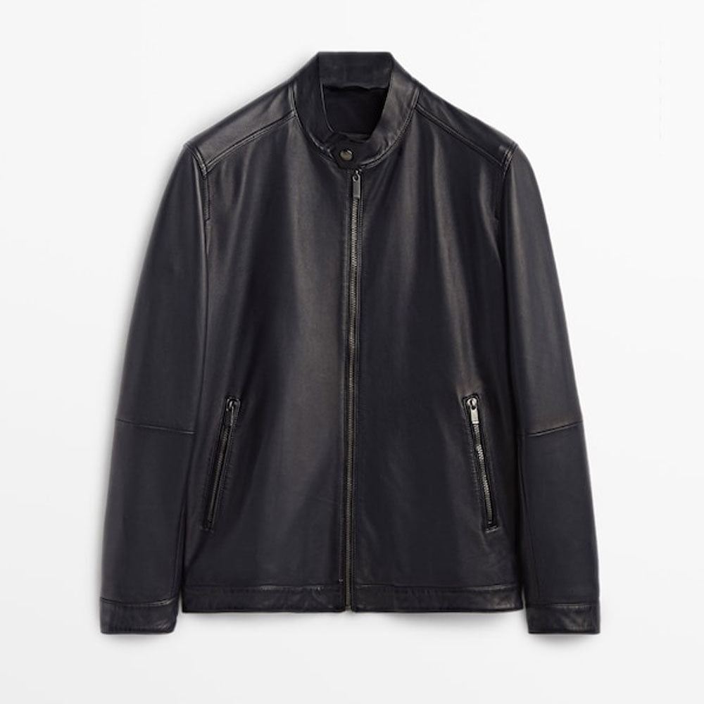 Men’s "Phantom" Minimalist Biker Jacket | Plain Black Premium Sheepskin Moto | Full Grain Apparel