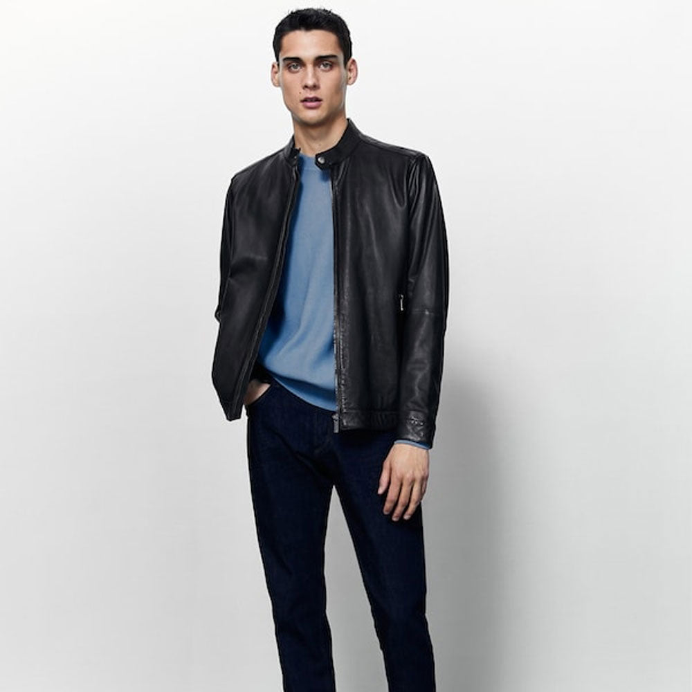 Chaqueta de motociclista minimalista "Phantom" para hombre | Moto de piel de oveja premium negra lisa | Prendas de piel plena flor