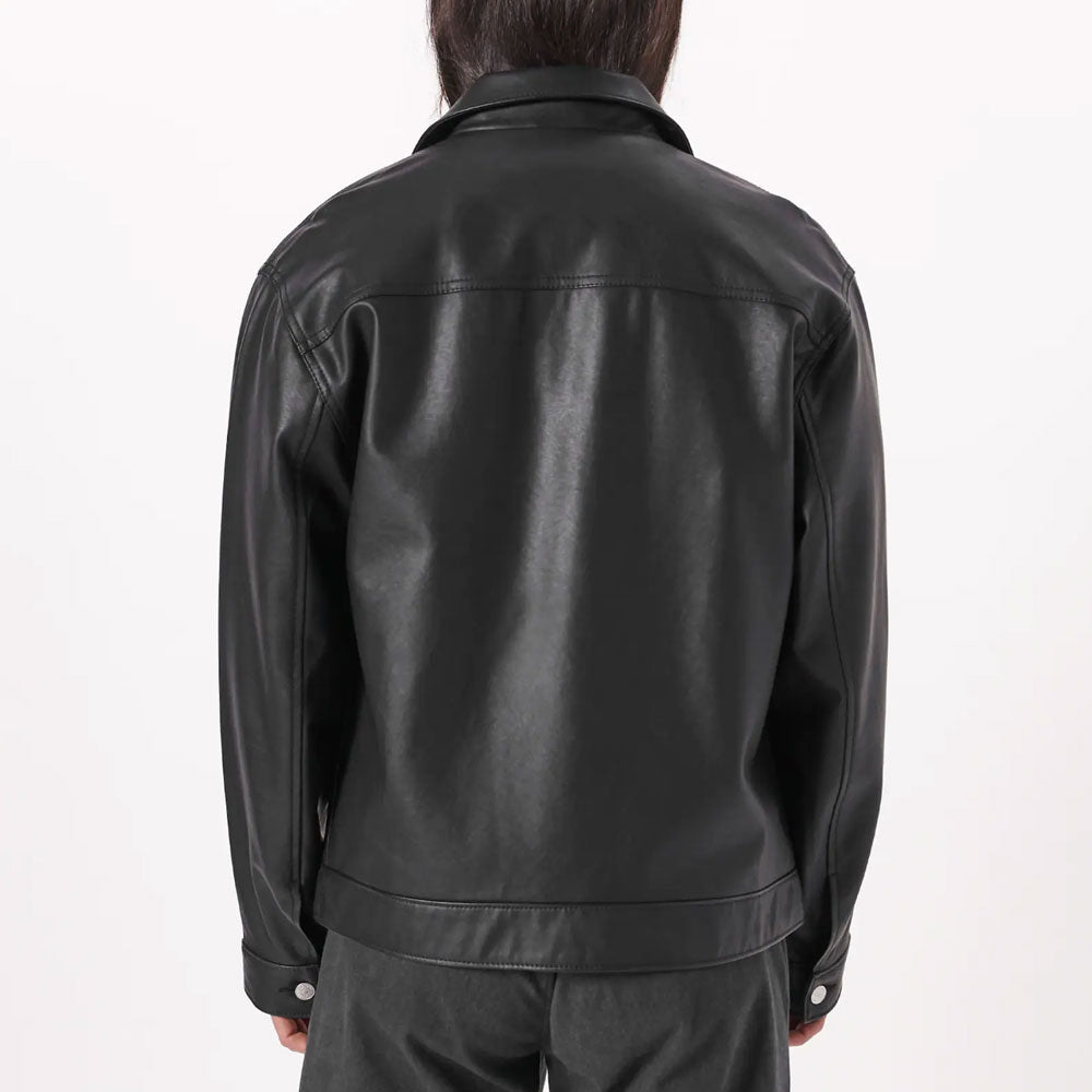 Men’s "Shadow Route" Plain Black Trucker Jacket | Minimalist Genuine Sheepskin Leather Coat | Full Grain Apparel