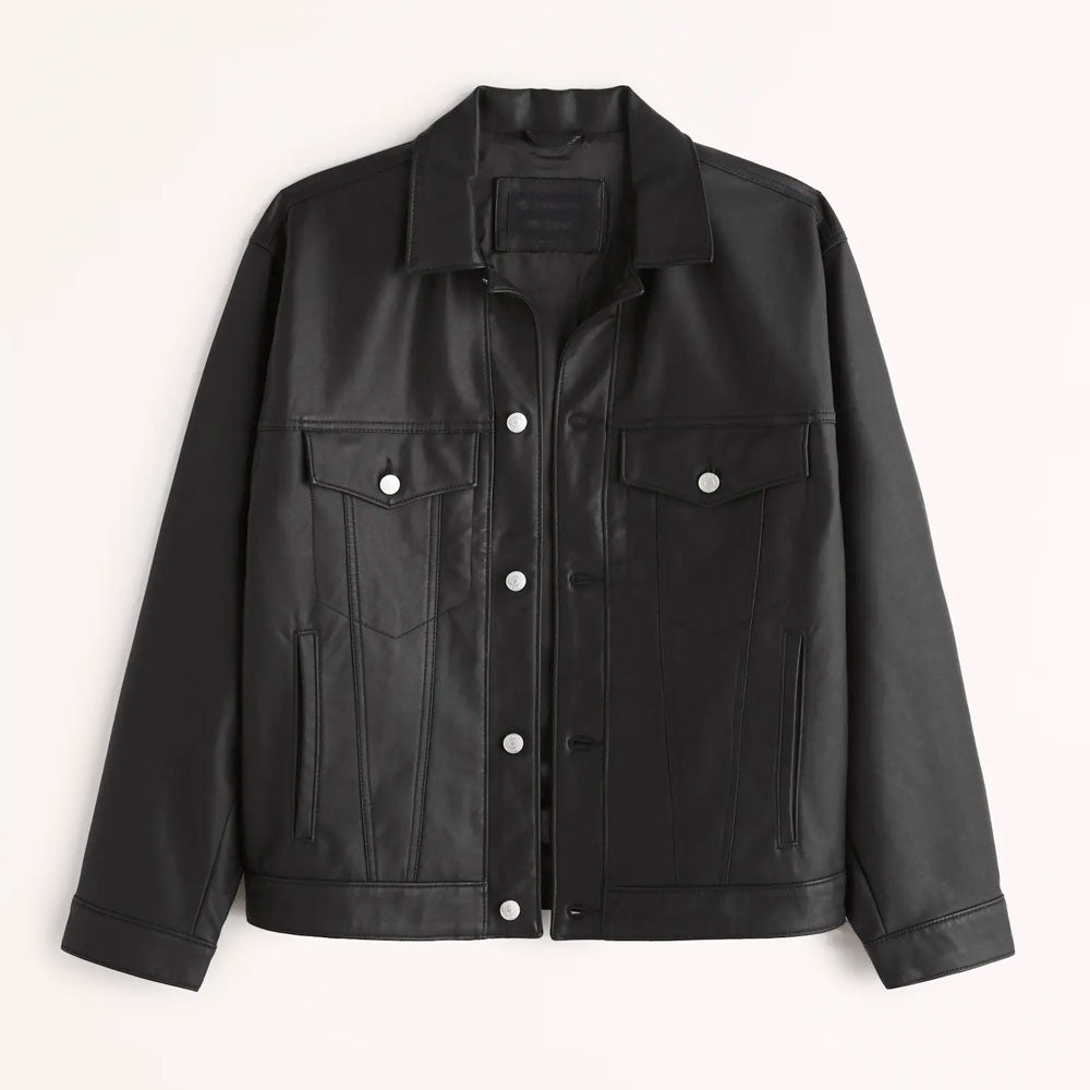 Men’s "Shadow Route" Plain Black Trucker Jacket | Minimalist Genuine Sheepskin Leather Coat | Full Grain Apparel