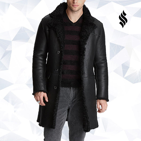 Men’s Black Shearling Leather Trench Coat | Rugged Winter Elite | Full Grain Apparel
