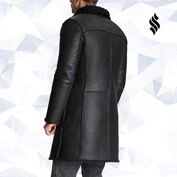 Men’s Black Shearling Leather Trench Coat | Rugged Winter Elite | Full Grain Apparel