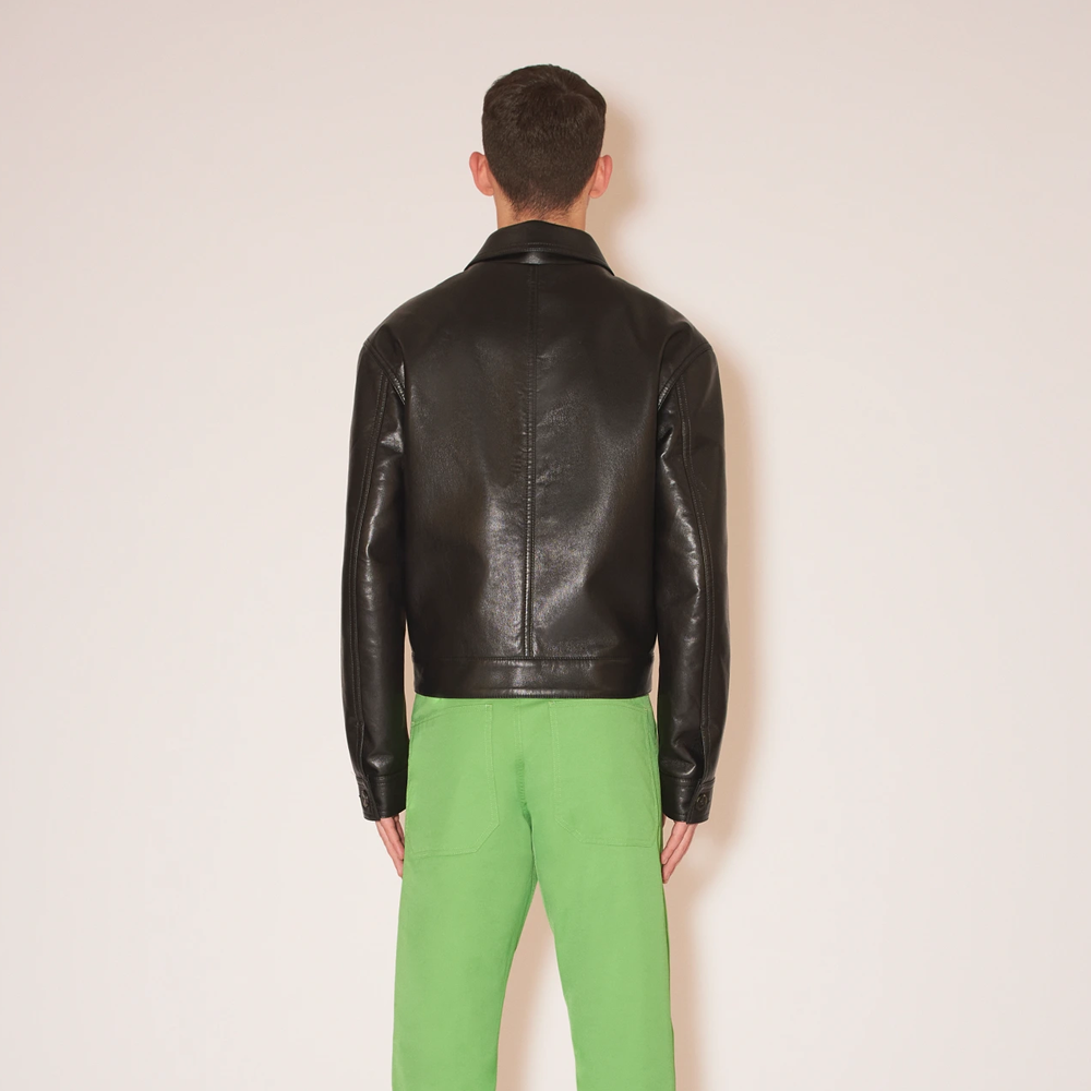 Men’s "Iron-Route" Black Leather Trucker Jacket | Genuine Sheepskin Button-Down Denim Style Coat | Full Grain Apparel