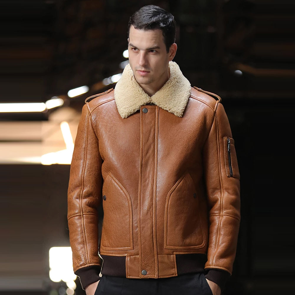 Men’s Brown B-3 Flight Airforce Sheepskin Bomber - The High-Altitude Fortress | Full Grain Apparel