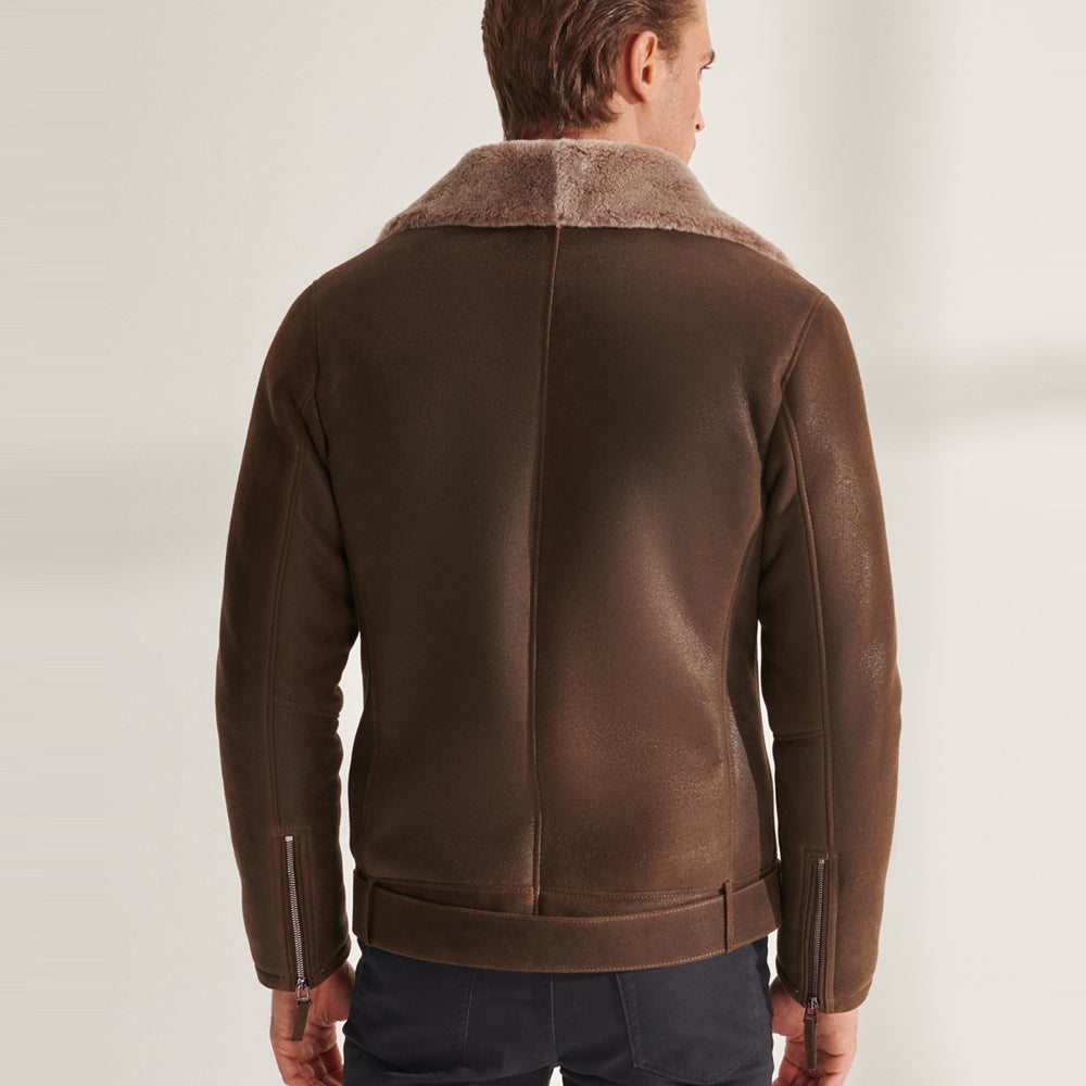 Men’s Brown Biker Shearling Sheepskin Leather Aviator Jacket | Full Grain Apparel