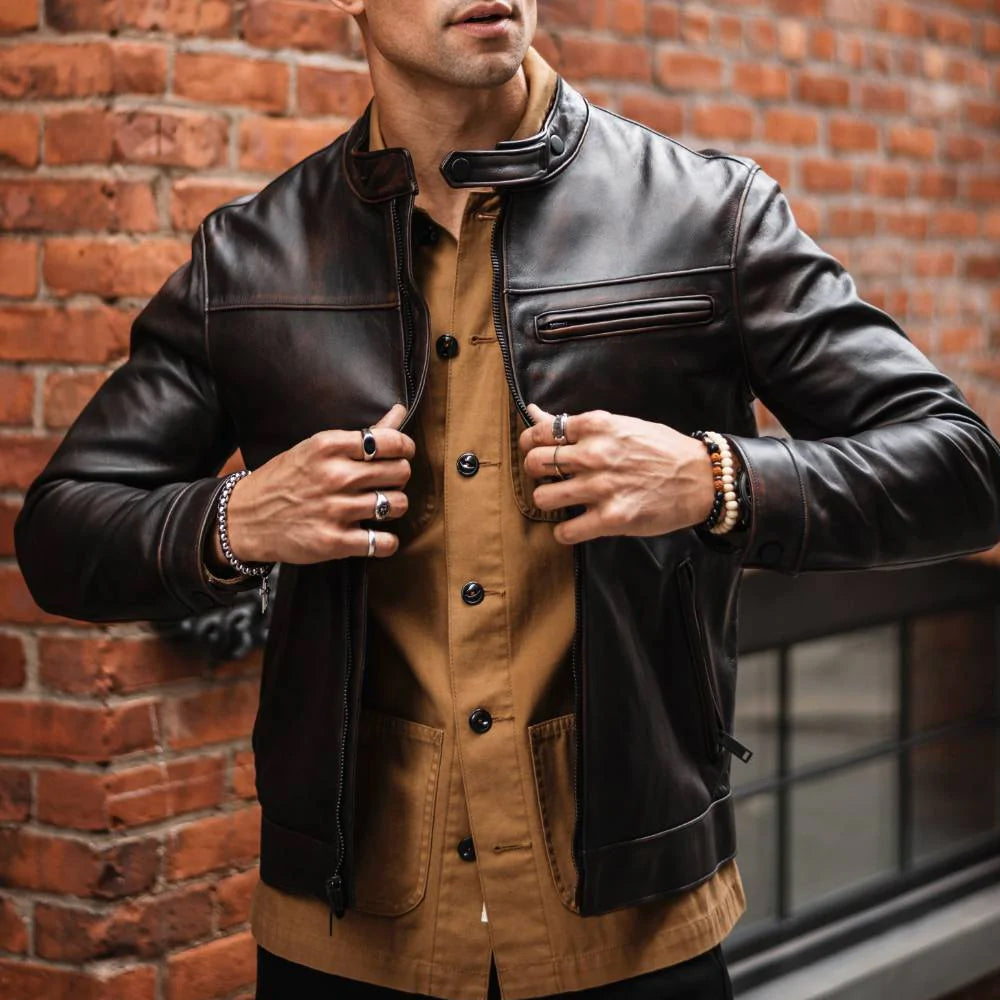 Chaqueta de motociclista tipo Cafe Racer "Granite-Road" para hombre | Piel de cabra auténtica marrón | Prenda de piel de plena flor