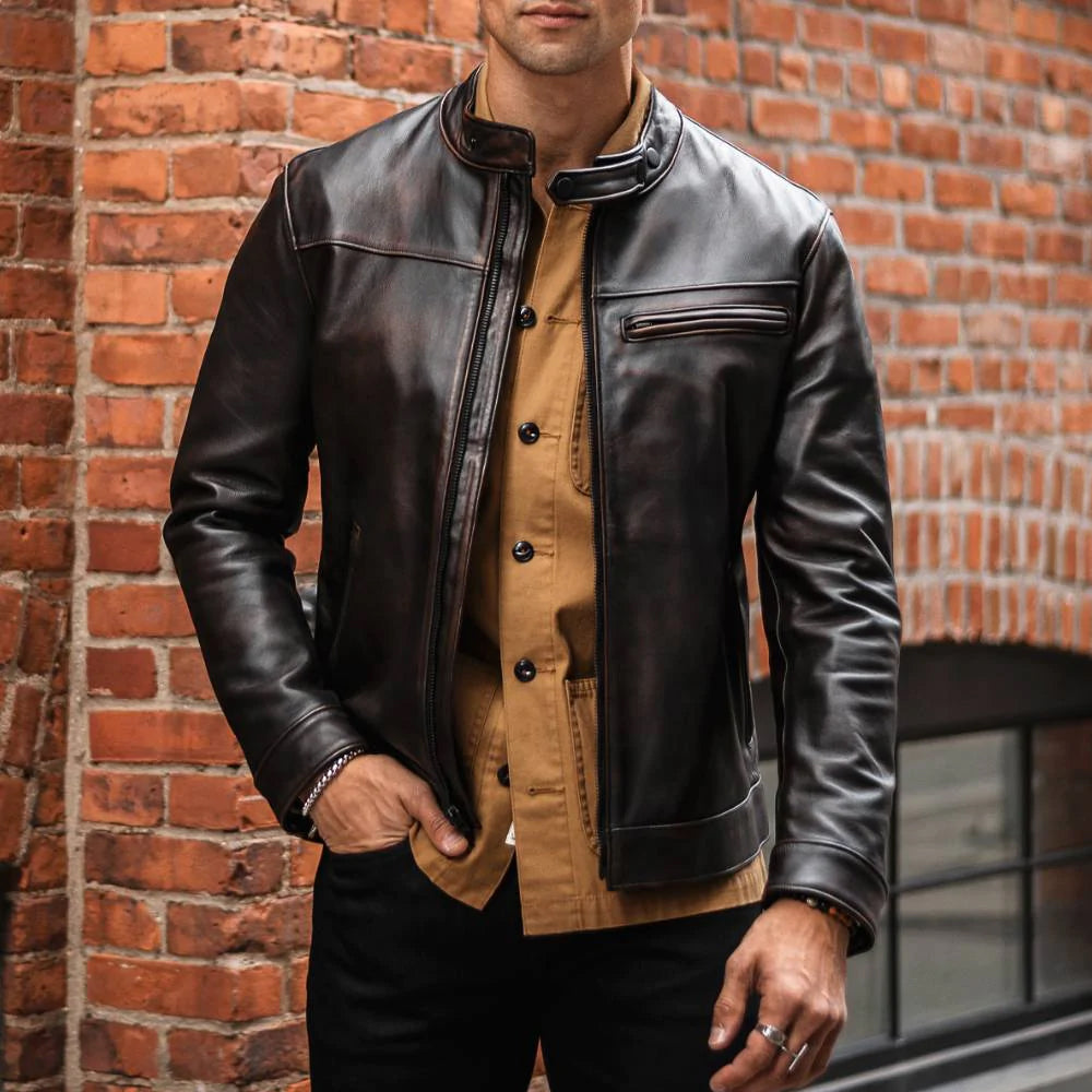Chaqueta de motociclista tipo Cafe Racer "Granite-Road" para hombre | Piel de cabra auténtica marrón | Prenda de piel de plena flor