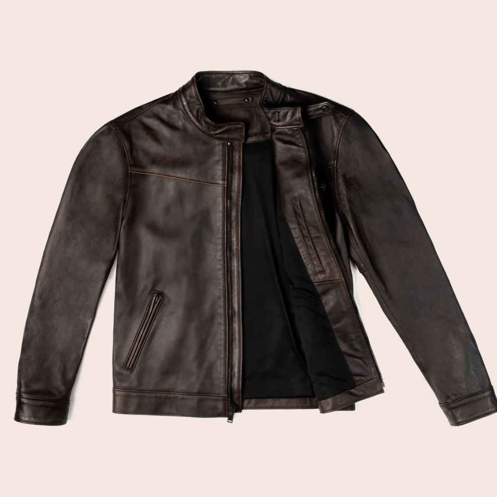 Chaqueta de motociclista tipo Cafe Racer "Granite-Road" para hombre | Piel de cabra auténtica marrón | Prenda de piel de plena flor