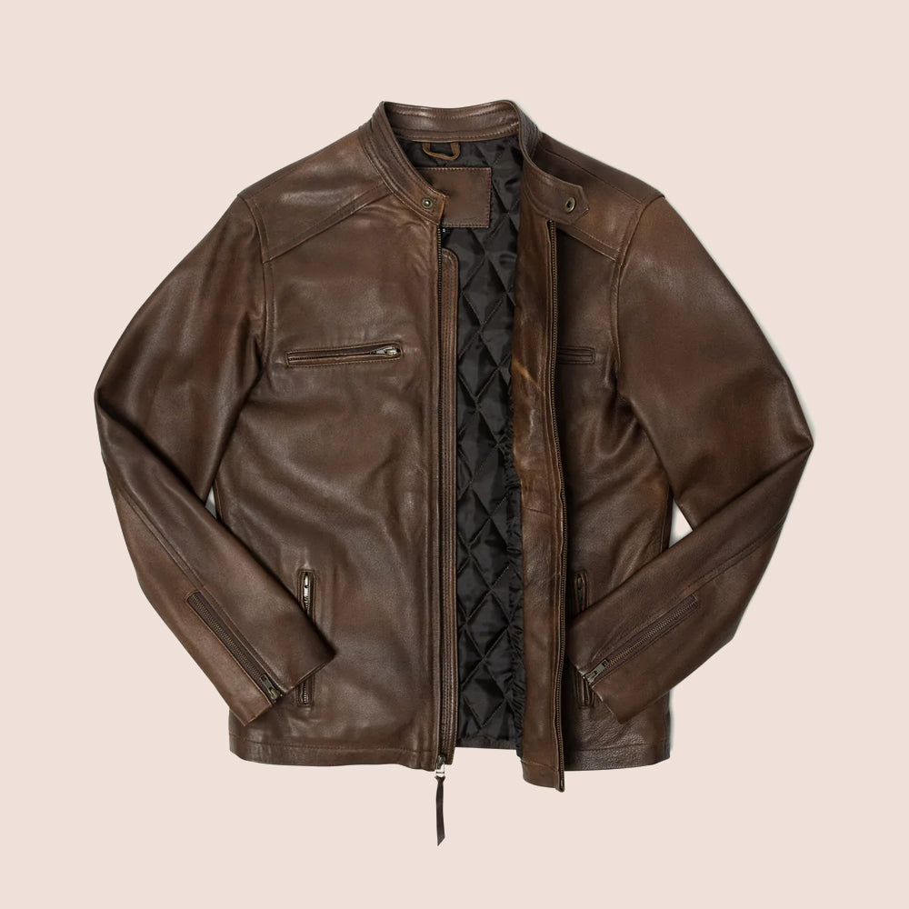 Men’s "Rust & Road" Cafe Racer Jacket | Vintage Brown Premium Lambskin Moto | Full Grain Apparel