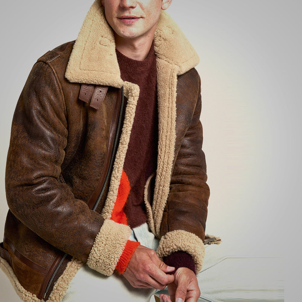 Aviador "Heritage Frost" para hombre | Piel marrón envejecida de primera calidad | Chaqueta de auténtica piel de borrego resistente | Prenda de cuero de plena flor