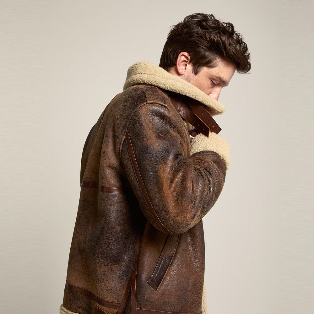 Men’s "Heritage Frost" Aviator | Premium Brown Distressed Leather | Authentic Heavy-Duty Shearling Jacket | Full Grain Apparel