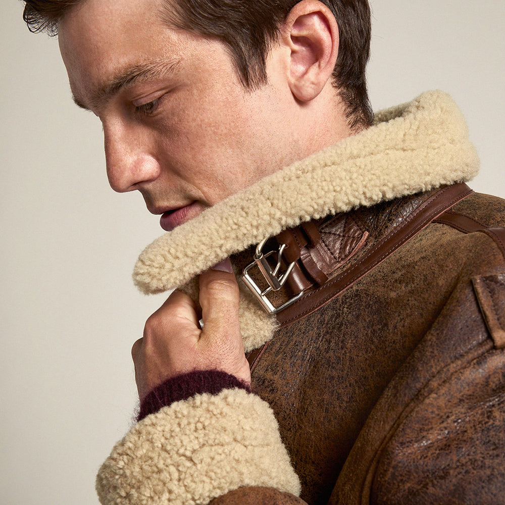 Aviador "Heritage Frost" para hombre | Piel marrón envejecida de primera calidad | Chaqueta de auténtica piel de borrego resistente | Prenda de cuero de plena flor