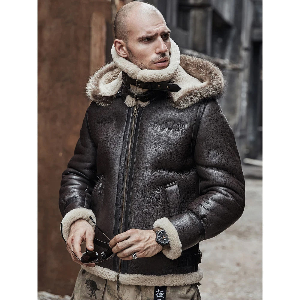 Men’s Brown Hooded B-3 RAF Aviator Sheepskin Shearling Jacket - The Ultimate Heritage Parka | Full Grain Apparel