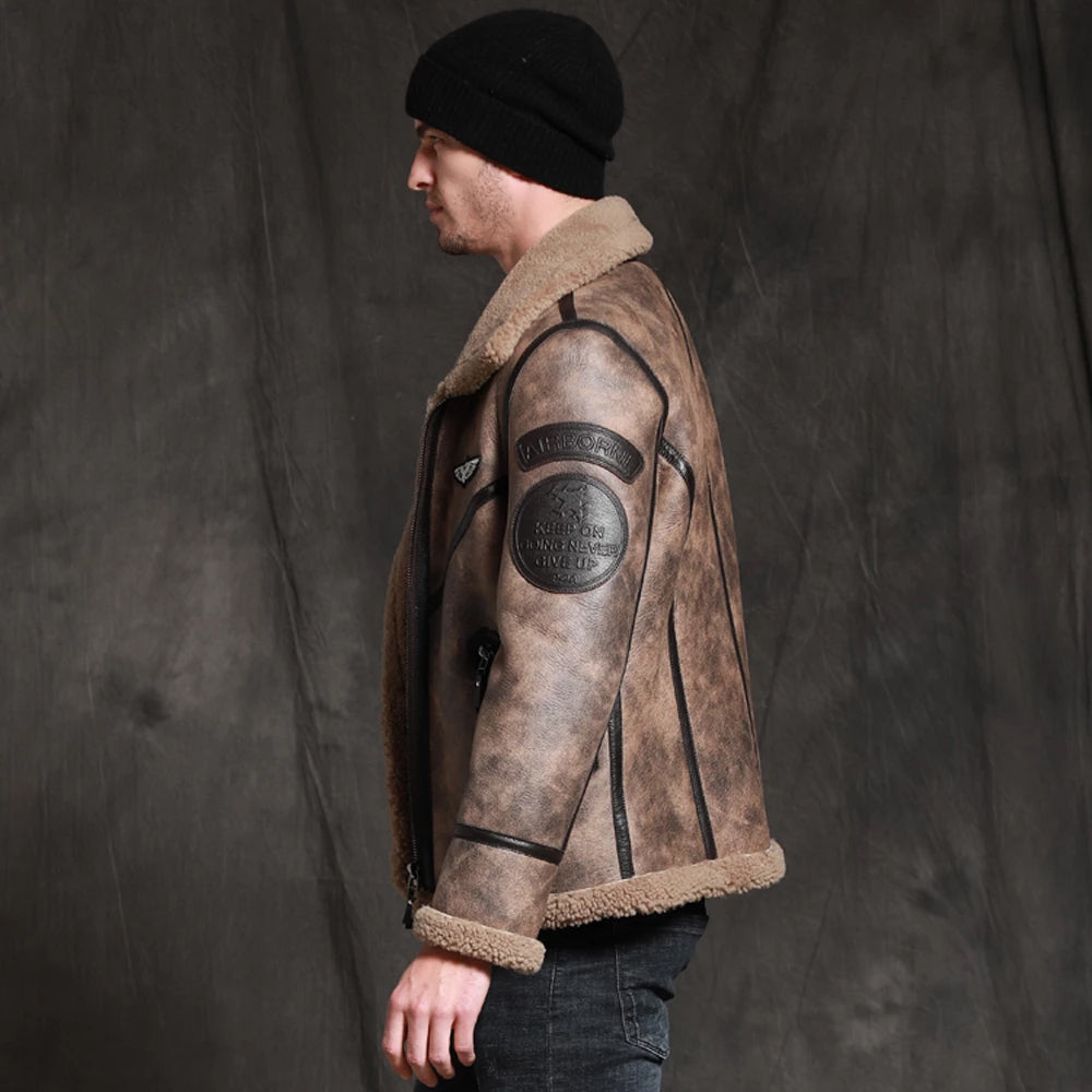 Men’s Brown RAF B-3 Waxed Sheepskin Leather Jacket - The Weatherproof Legend | Full Grain Apparel