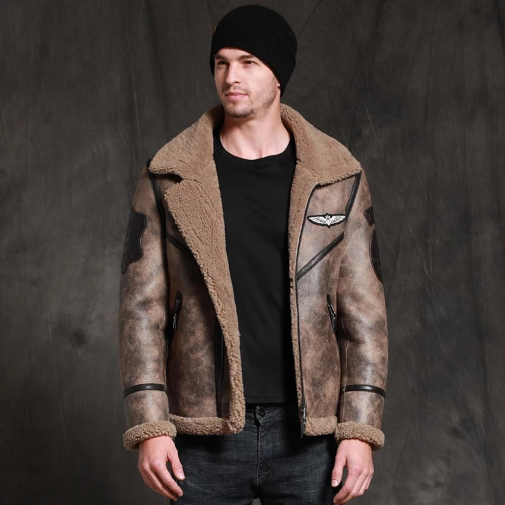 Men’s Brown RAF B-3 Waxed Sheepskin Leather Jacket - The Weatherproof Legend | Full Grain Apparel