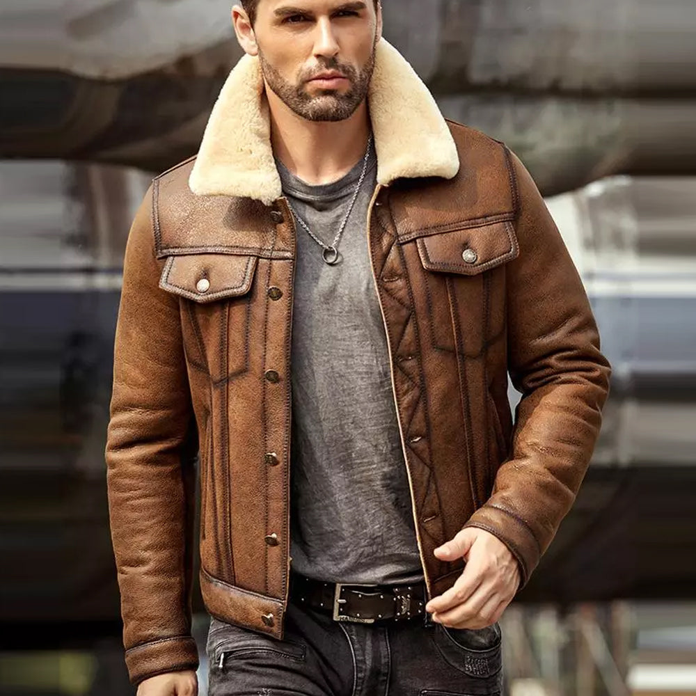 Men’s Brown RAF B-3 Sheepskin Trucker Shearling Jacket - The Rugged Hybrid | Full Grain Apparel