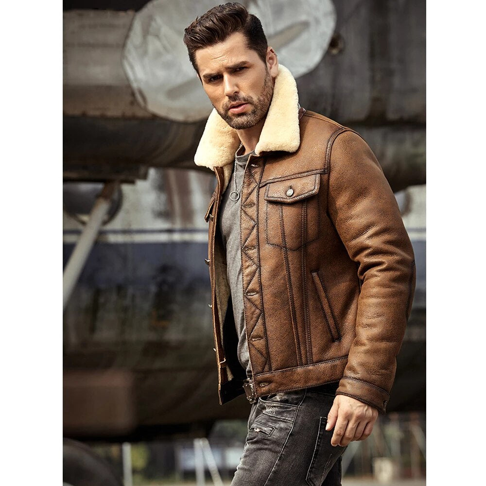 Men’s Brown RAF B-3 Sheepskin Trucker Shearling Jacket - The Rugged Hybrid | Full Grain Apparel