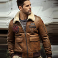 Men’s B-3 Airforce Brown Embroidered Shearling Bomber Jacket - The Squadron Leader | Full Grain Apparel