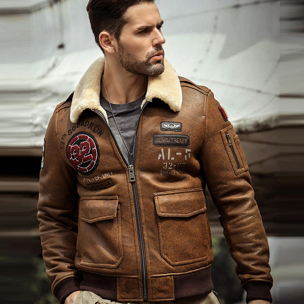 Men’s B-3 Airforce Brown Embroidered Shearling Bomber Jacket - The Squadron Leader | Full Grain Apparel