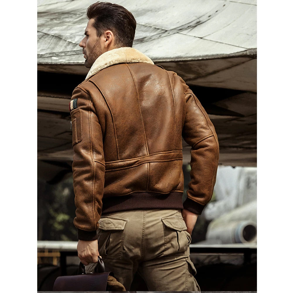 Men’s B-3 Airforce Brown Embroidered Shearling Bomber Jacket - The Squadron Leader | Full Grain Apparel