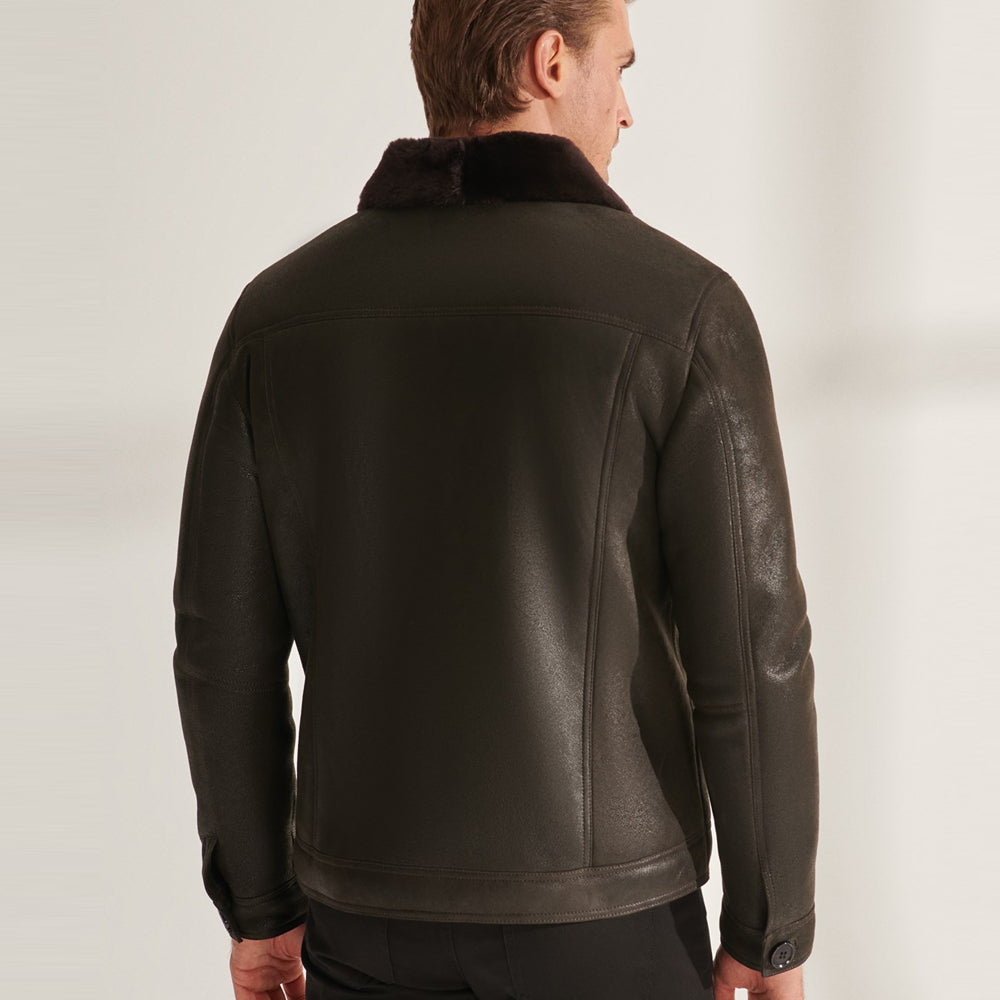 Men’s Brown Sheepskin Shearling Leather Trucker Aviator Jacket | Full Grain Apparel