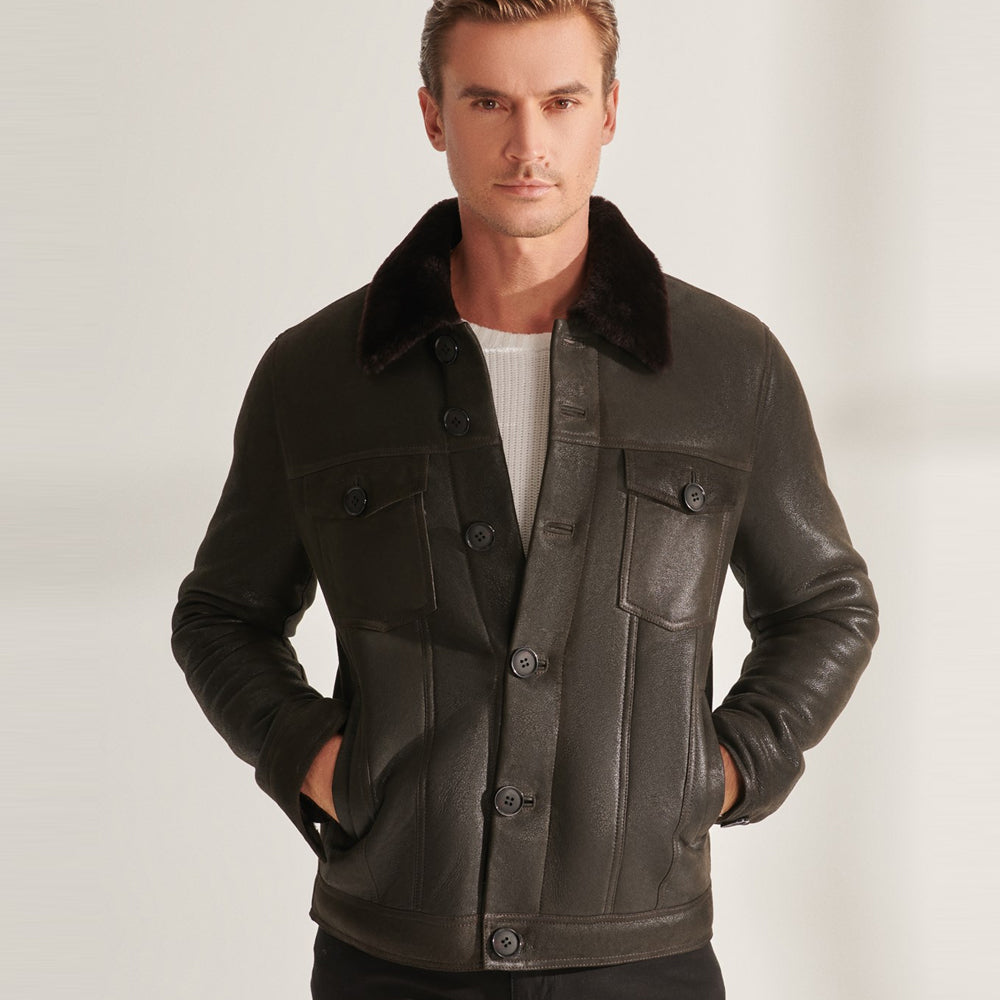 Men’s Brown Sheepskin Shearling Leather Trucker Aviator Jacket | Full Grain Apparel