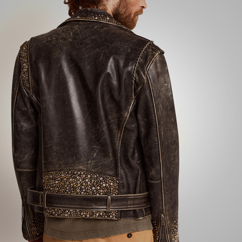 Chaqueta de motociclista "Rebel Soul" para hombre | Piel marrón desgastada de primera calidad | Chaqueta estilo punk con tachuelas a mano | Prenda de cuero de grano completo