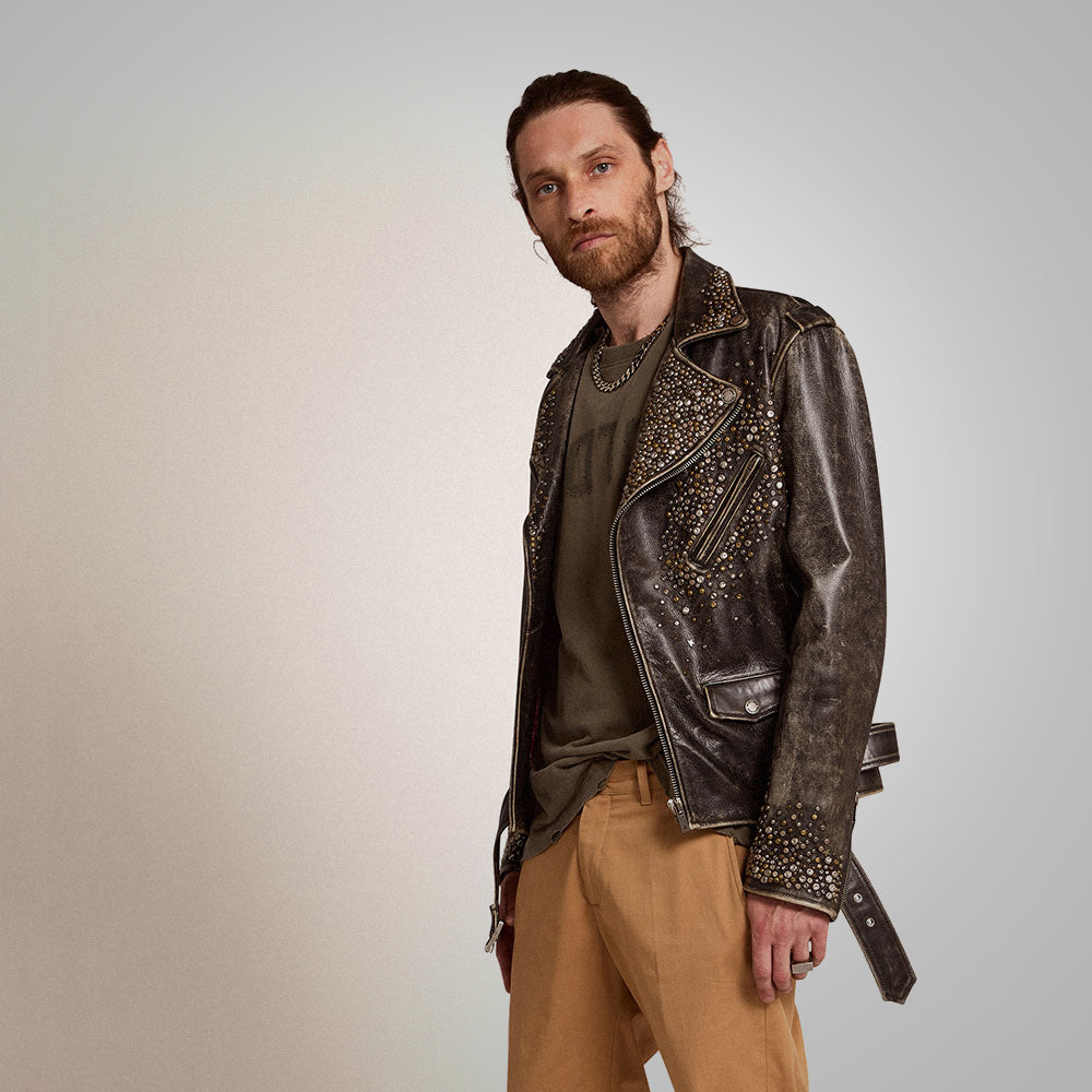 Chaqueta de motociclista "Rebel Soul" para hombre | Piel marrón desgastada de primera calidad | Chaqueta estilo punk con tachuelas a mano | Prenda de cuero de grano completo