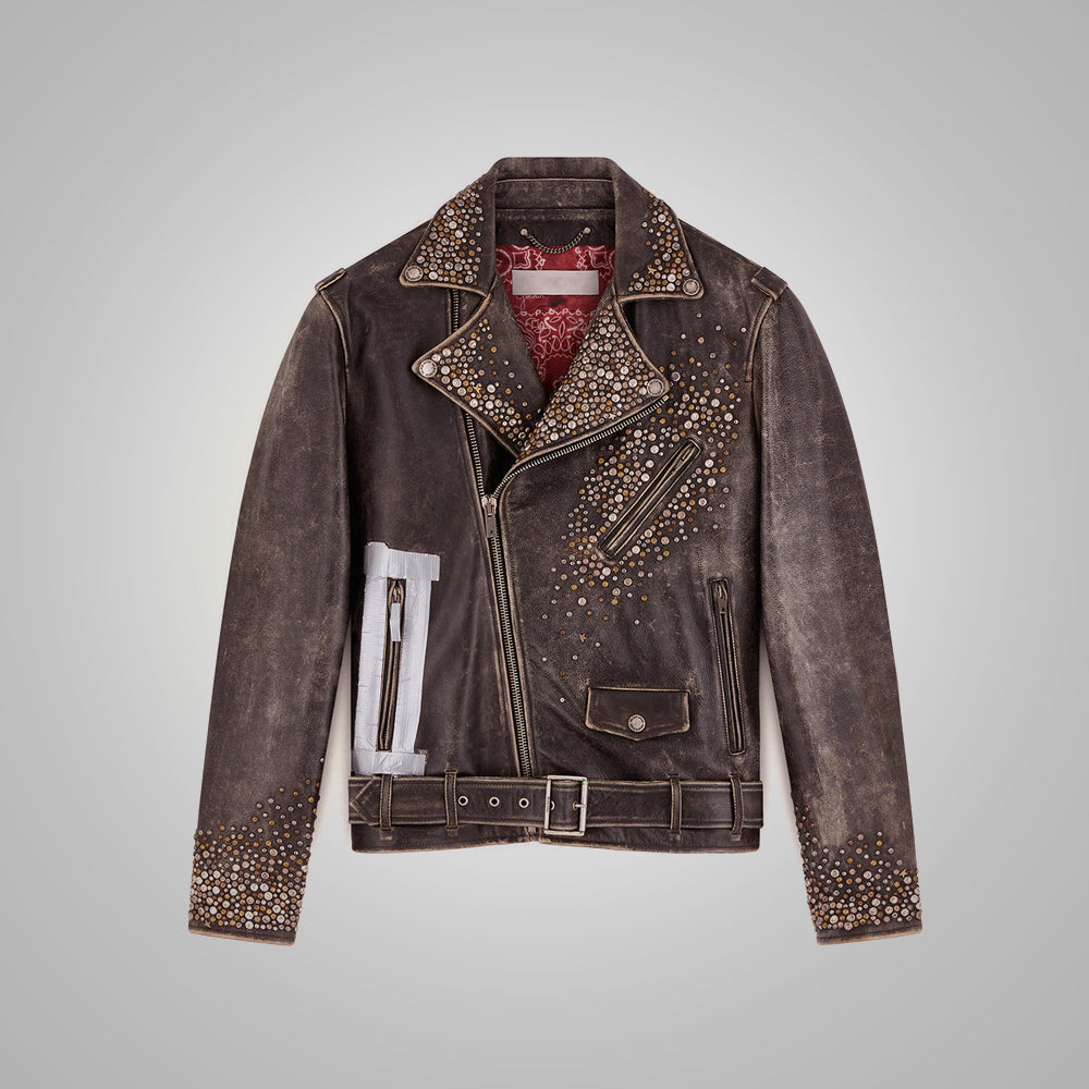 Men’s "Rebel Soul" Moto | Premium Brown Distressed Leather | Hand-Studded Punk-Heritage Jacket | Full Grain Apparel