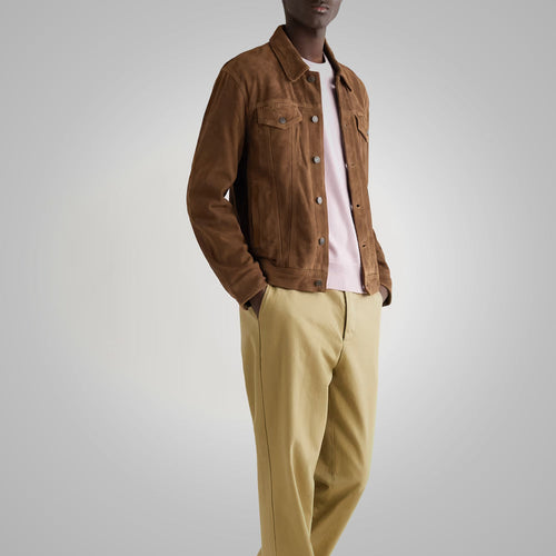 Chaqueta para camionero "Canyon Legacy" de ante para hombre | Ante de becerro prémium color tabaco | Chaqueta tipo III clásica | Prenda de piel de plena flor