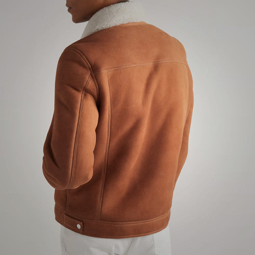 Chaqueta de ante "Aspen Heritage" para hombre | Ante de becerro color tabaco de primera calidad | Forro completo de borrego color crema | Piel plena flor para prendas de vestir