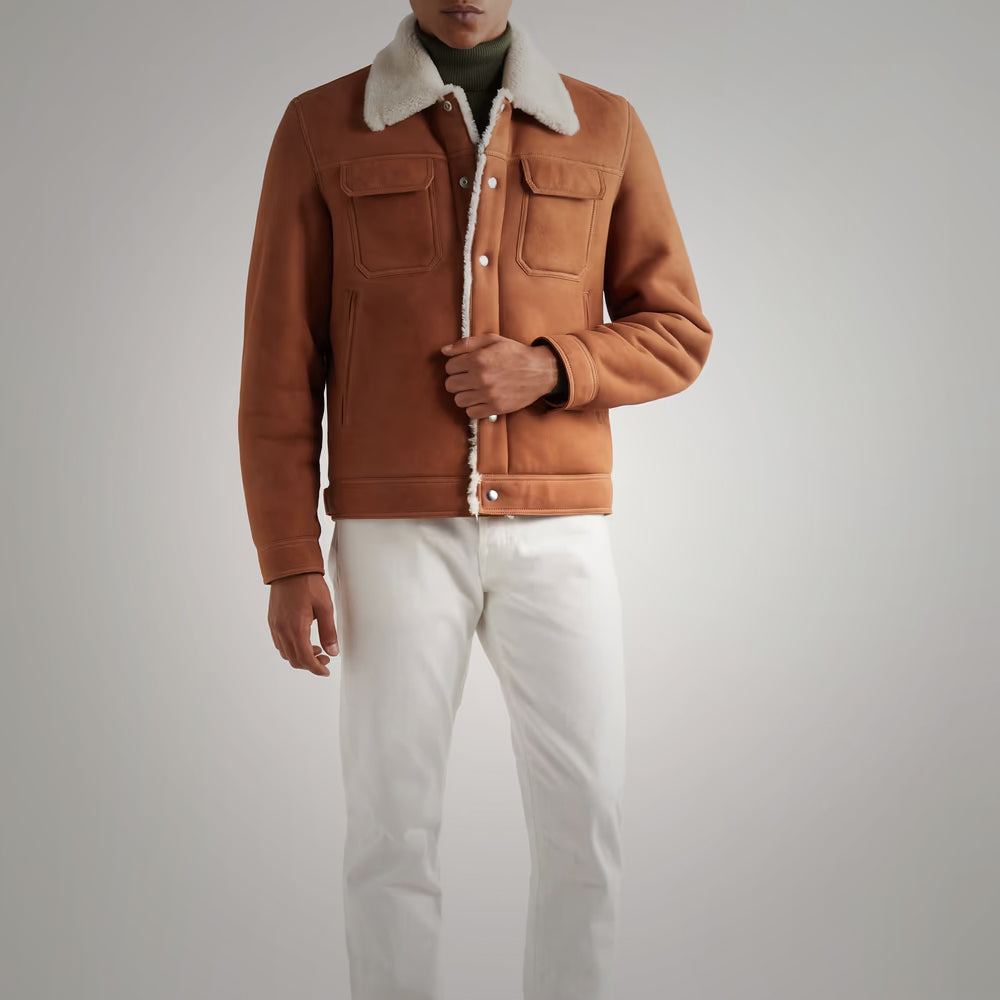 Chaqueta de ante "Aspen Heritage" para hombre | Ante de becerro color tabaco de primera calidad | Forro completo de borrego color crema | Piel plena flor para prendas de vestir