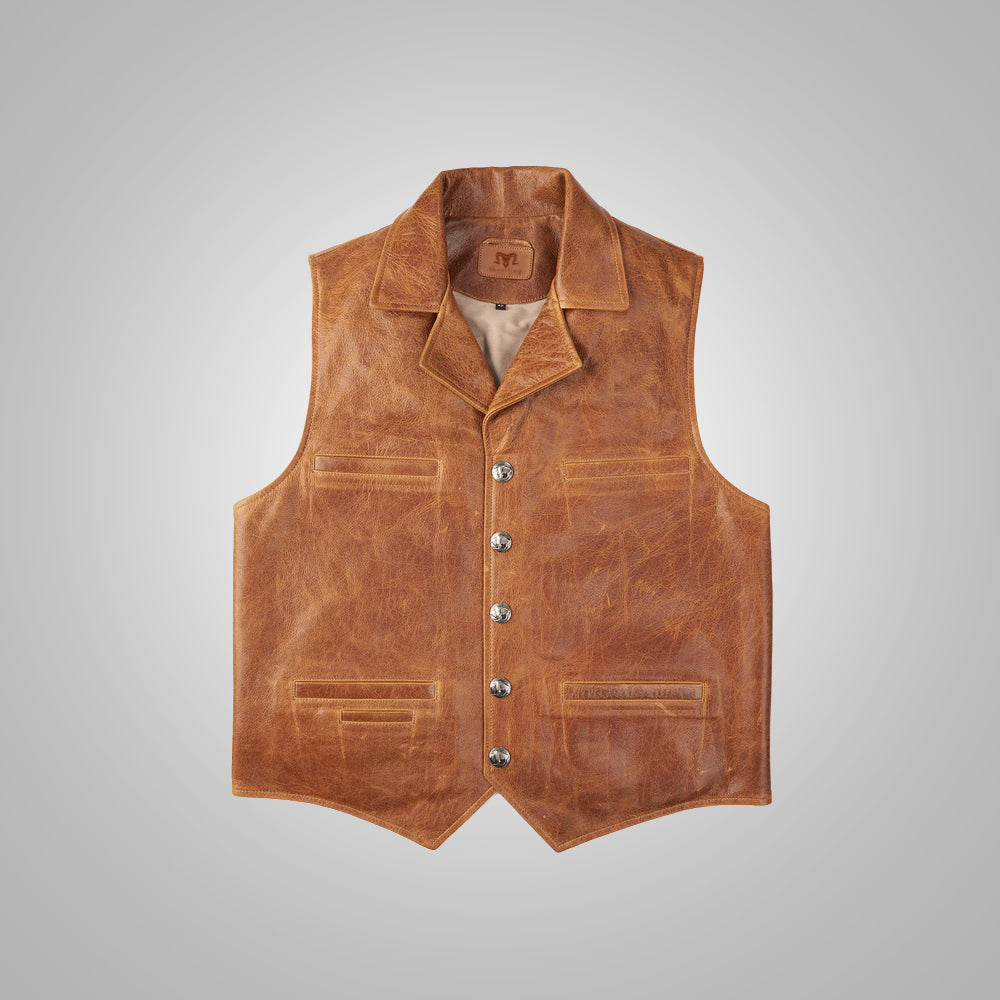 Men’s "High Plains" Cowboy Vest | Premium Brown Grain Leather | Authentic Western Heritage Waistcoat | Full Grain Apparel