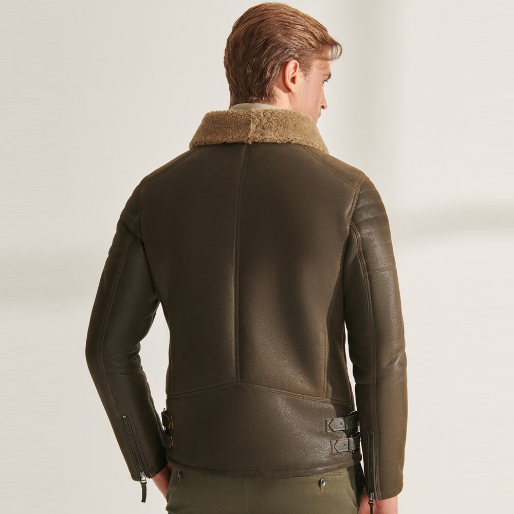 Chaqueta de cuero de aviador de piel de oveja RAF verde para hombre | Prenda de cuero plena flor