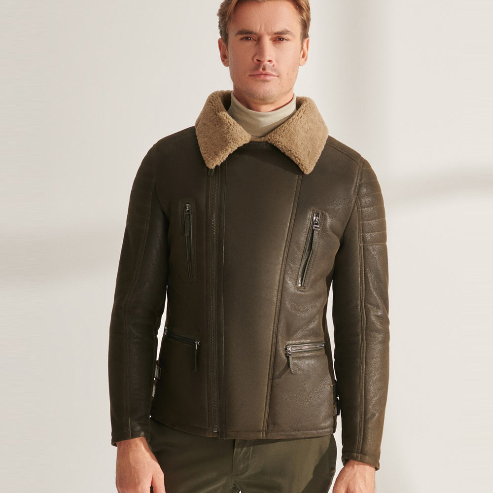 Men’s Green RAF Shearling Airforce Sheepskin Aviator Leather Jacket | Full Grain Apparel