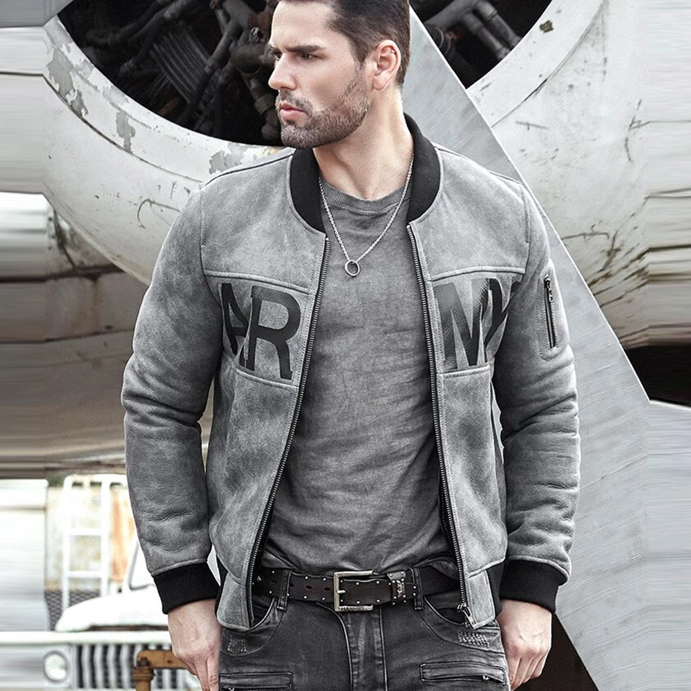 Men’s Grey Sheepskin Army Shearling Bomber Jacket - The Urban Commander | Full Grain Apparel