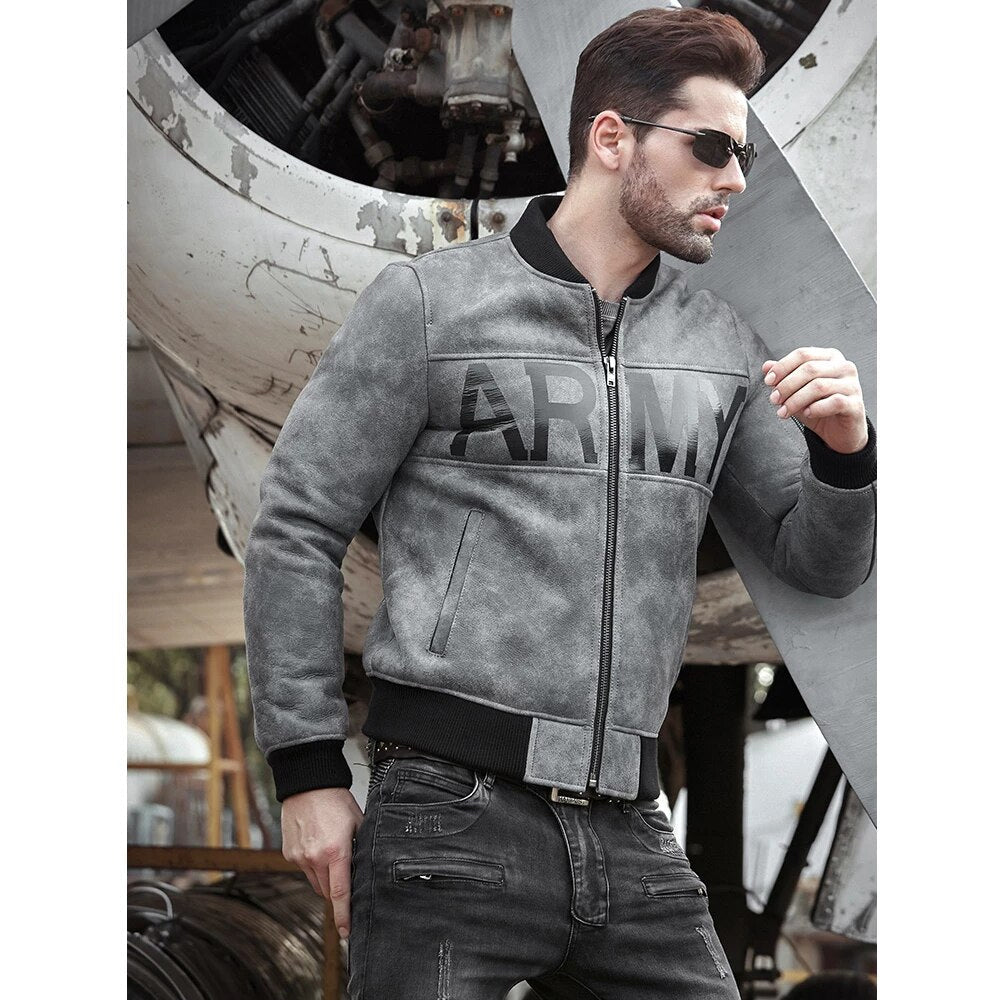Men’s Grey Sheepskin Army Shearling Bomber Jacket - The Urban Commander | Full Grain Apparel