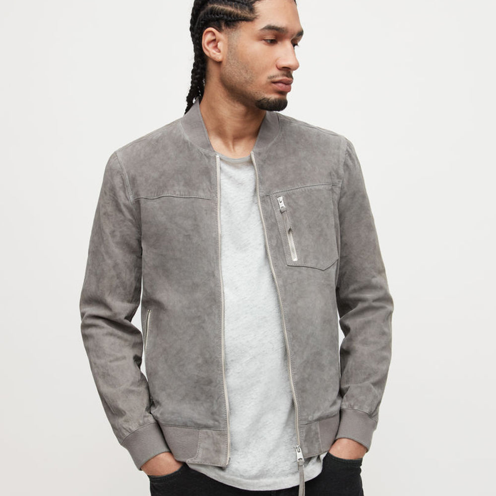 Men’s Grey Suede Leather Bomber Jacket | Full Grain Apparel