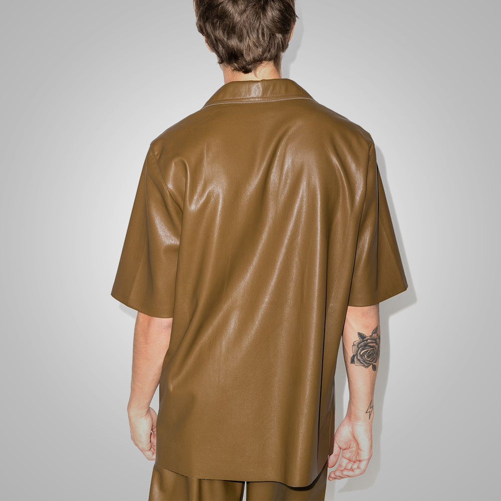 Camisa de cuero "Dust & Bone" para hombre | Piel de oveja caqui premium | Camisa Safari urbana de media manga | Prenda de cuero de plena flor