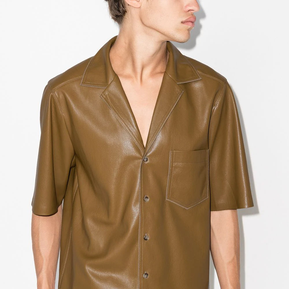 Camisa de cuero "Dust & Bone" para hombre | Piel de oveja caqui premium | Camisa Safari urbana de media manga | Prenda de cuero de plena flor