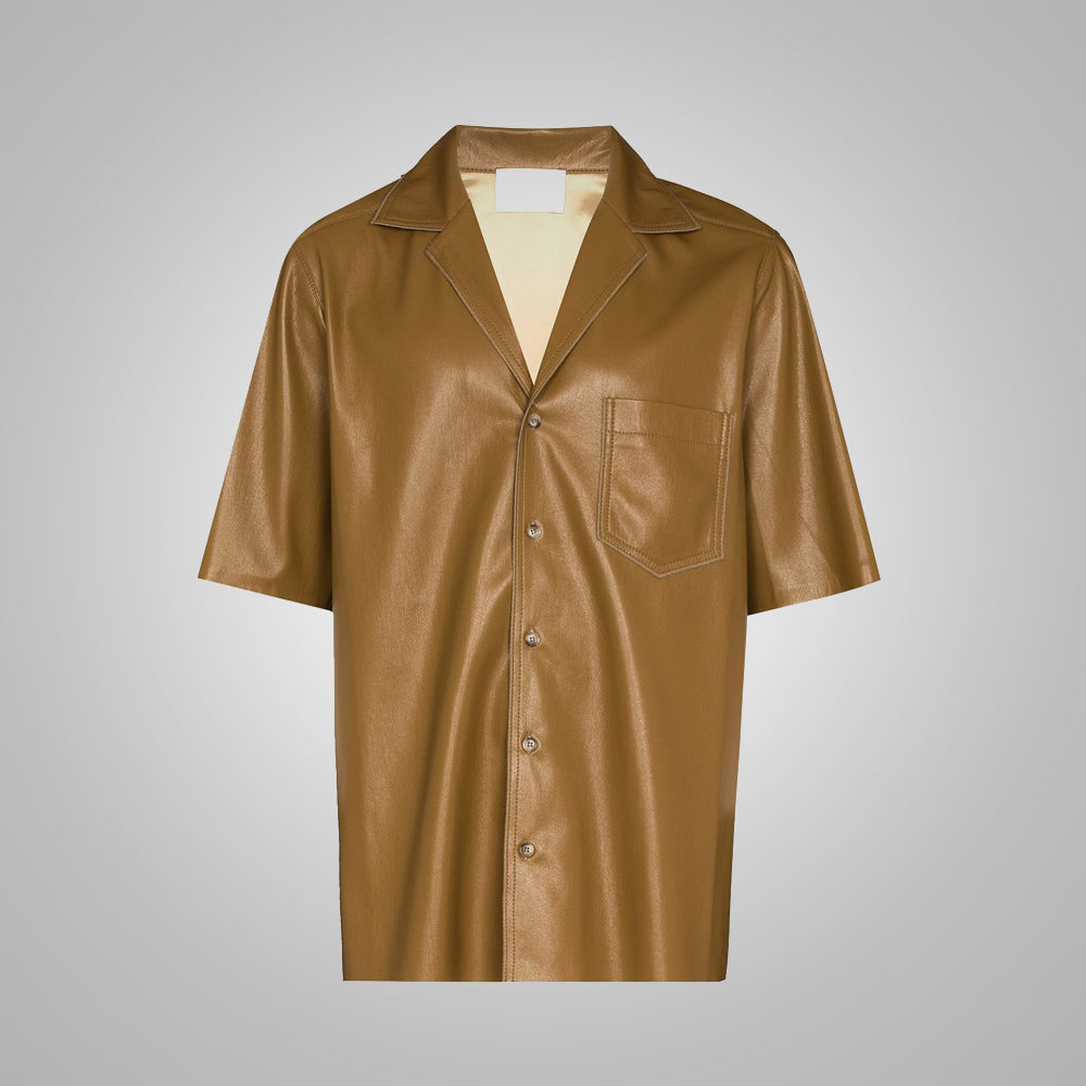 Men’s "Dust & Bone" Leather Shirt | Premium Khaki Sheepskin | Half-Sleeve Urban Safari Top | Full Grain Apparel